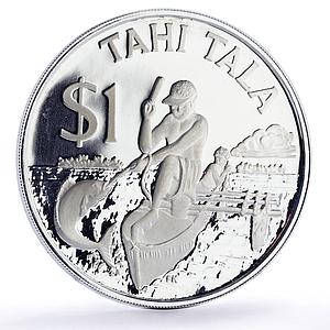 Tokelau 1 tala Man and Child Fishing Boat Ship KM-5a proof silver coin 1982