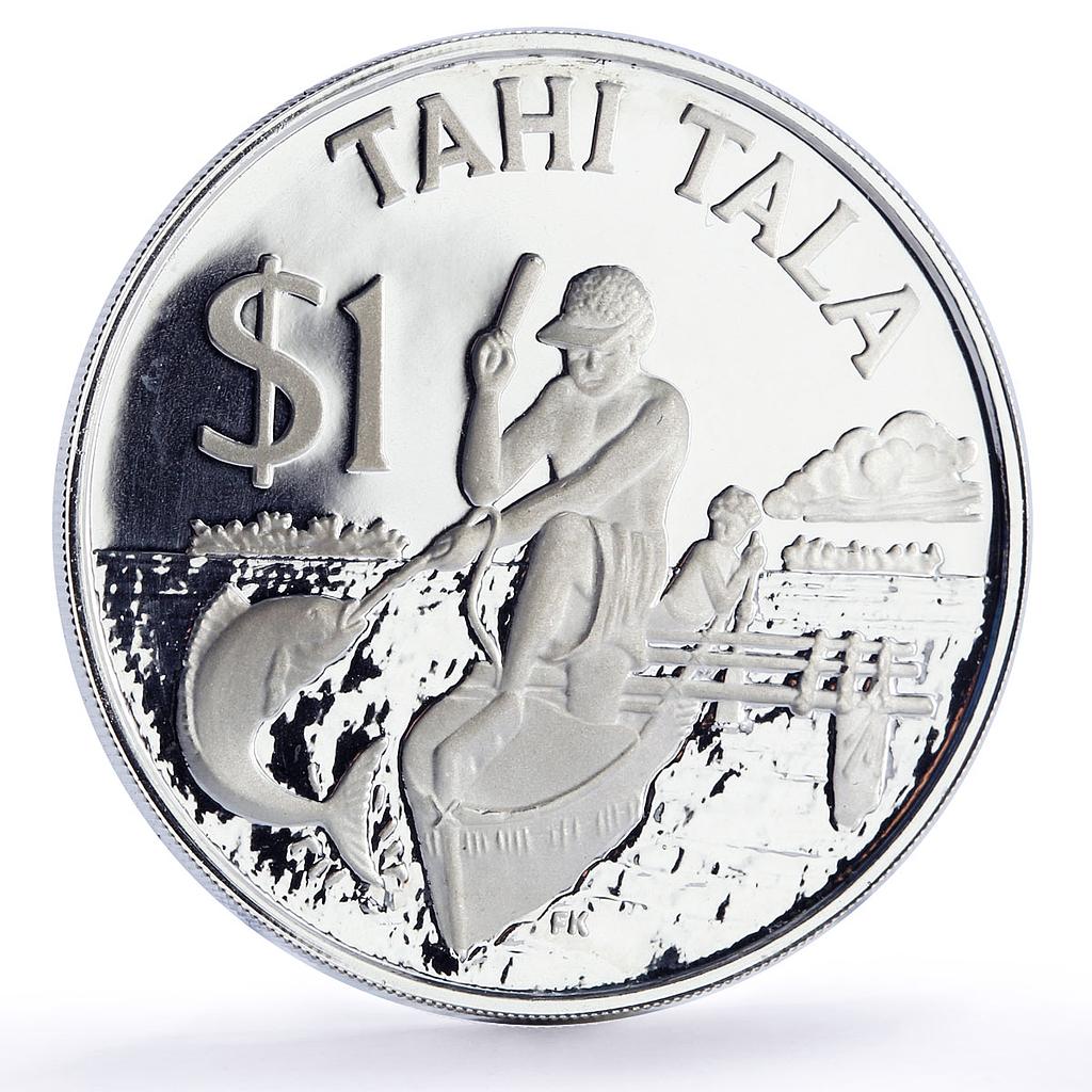 Tokelau 1 tala Man and Child Fishing Boat Ship KM-5a proof silver coin 1982