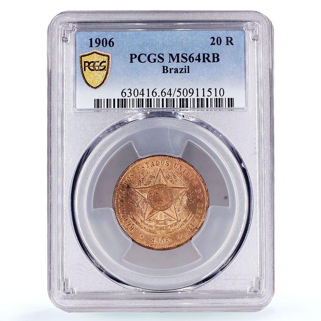 Brazil 20 reis Republic Coinage Vintem KM-490 MS64 PCGS bronze coin 1906