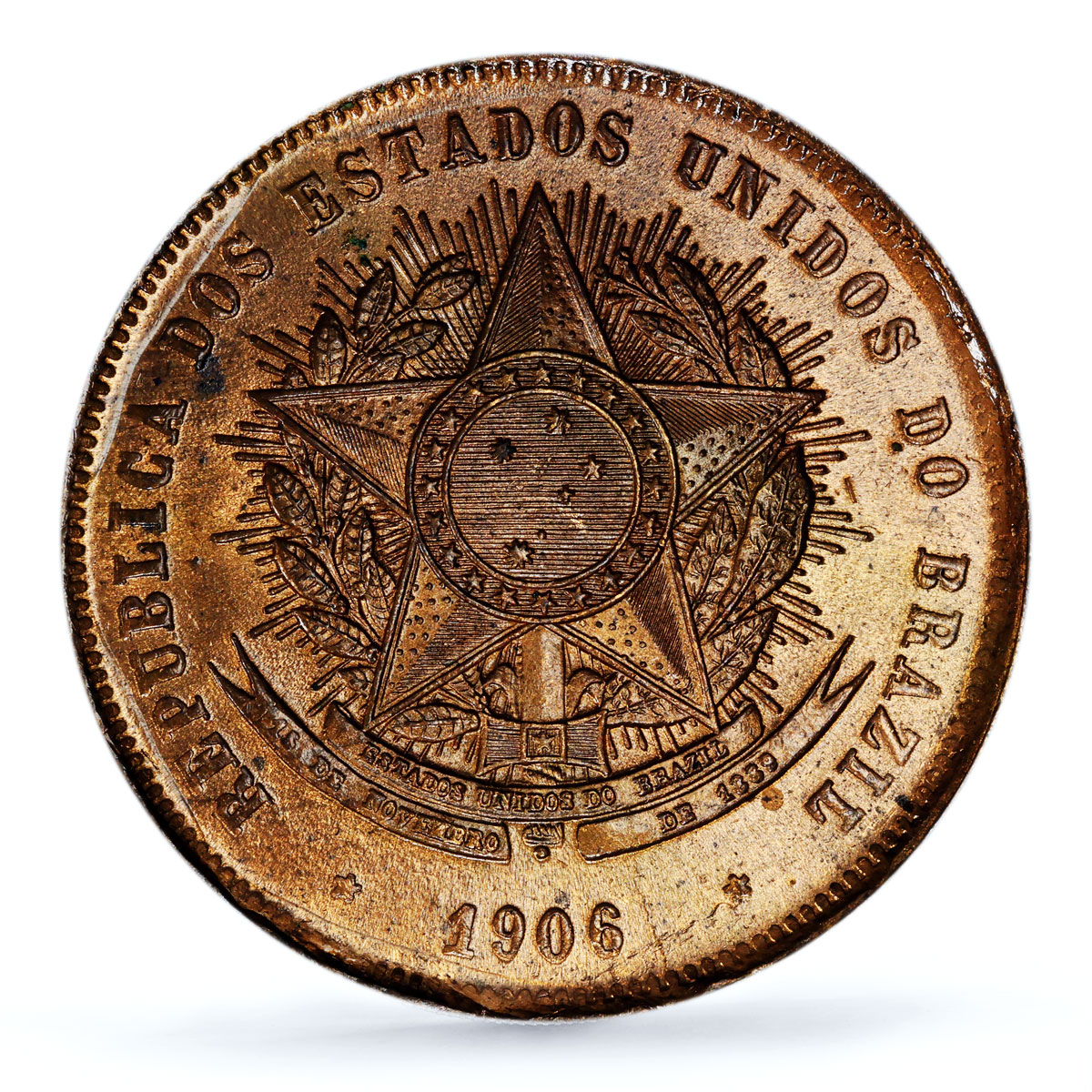 Brazil 20 reis Republic Coinage Vintem KM-490 MS64 PCGS bronze coin 1906