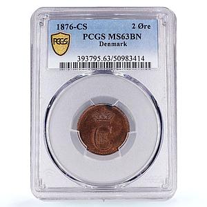 Denmark 2 ore King Christian IX Dolphin KM-793 MS63 PCGS bronze coin 1876
