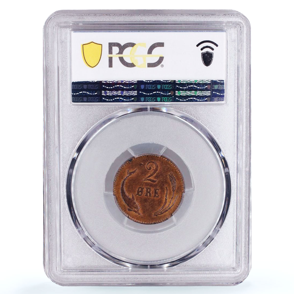 Denmark 2 ore King Christian IX Dolphin KM-793 MS63 PCGS bronze coin 1876