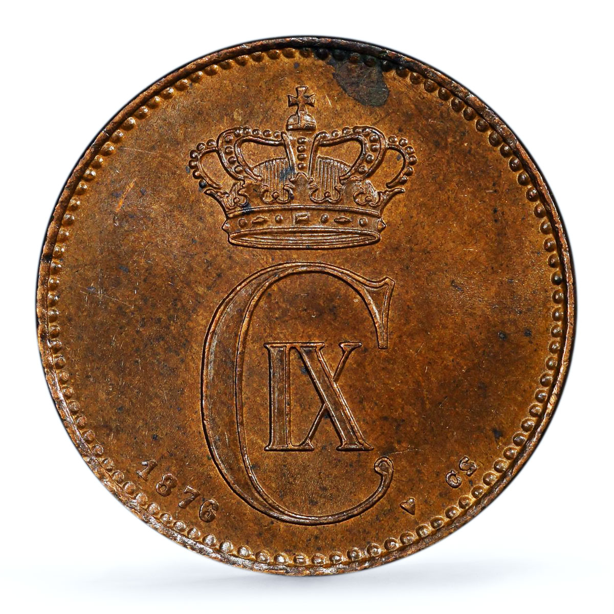 Denmark 2 ore King Christian IX Dolphin KM-793 MS63 PCGS bronze coin 1876