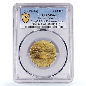 Denmark Faeroe Islands 2 kroner Petersens Issue MS62 PCGS brass token 1929 1933