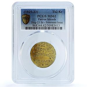 Denmark Faeroe Islands 2 kroner Petersens Issue MS62 PCGS brass token 1929 1933