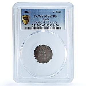 Spain 2 maravedis Queen Isabel Isabella II Segovia MS62 PCGS copper coin 1842
