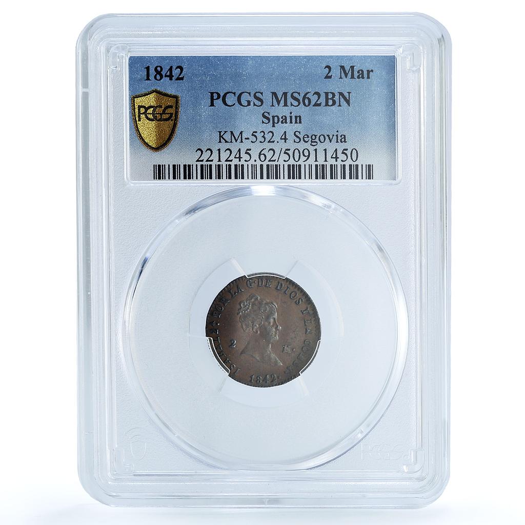 Spain 2 maravedis Queen Isabel Isabella II Segovia MS62 PCGS copper coin 1842 Spain 2 maravedis Queen Isabel Isabella II Segovia MS62 PCGS copper coin 1842