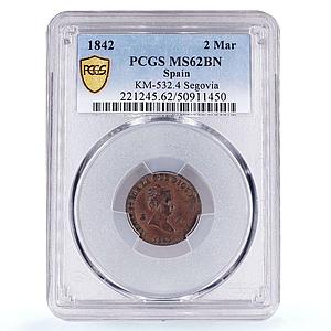 Spain 2 maravedis Queen Isabel Isabella II Segovia MS62 PCGS copper coin 1842