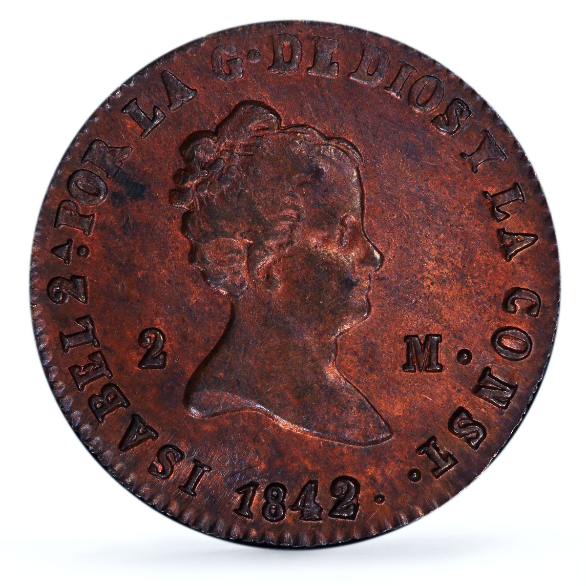 Spain 2 maravedis Queen Isabel Isabella II Segovia MS62 PCGS copper coin 1842