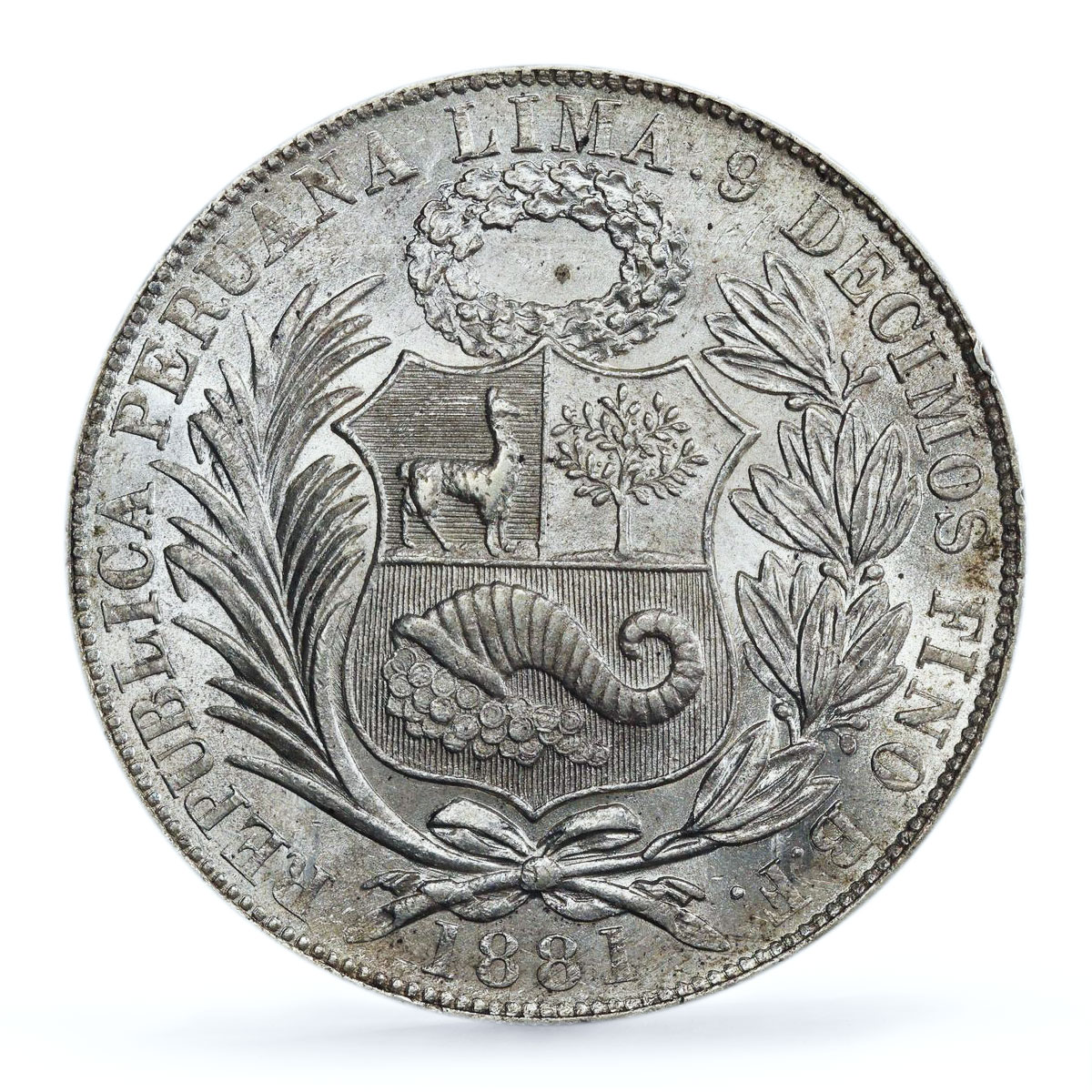 Peru 1 sol Republic Coinage Seated Liberty KM-196 UNC PCGS silver coin 1881