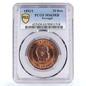 Portugal 20 reis King Charles Carlos I Coinage KM-533 MS63 PCGS bronze coin 1892