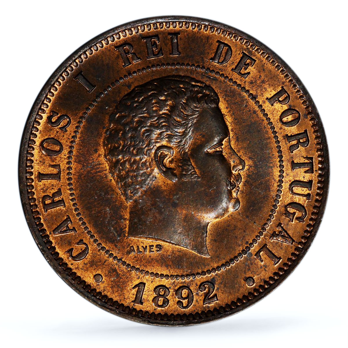 Portugal 20 reis King Charles Carlos I Coinage KM-533 MS63 PCGS bronze coin 1892