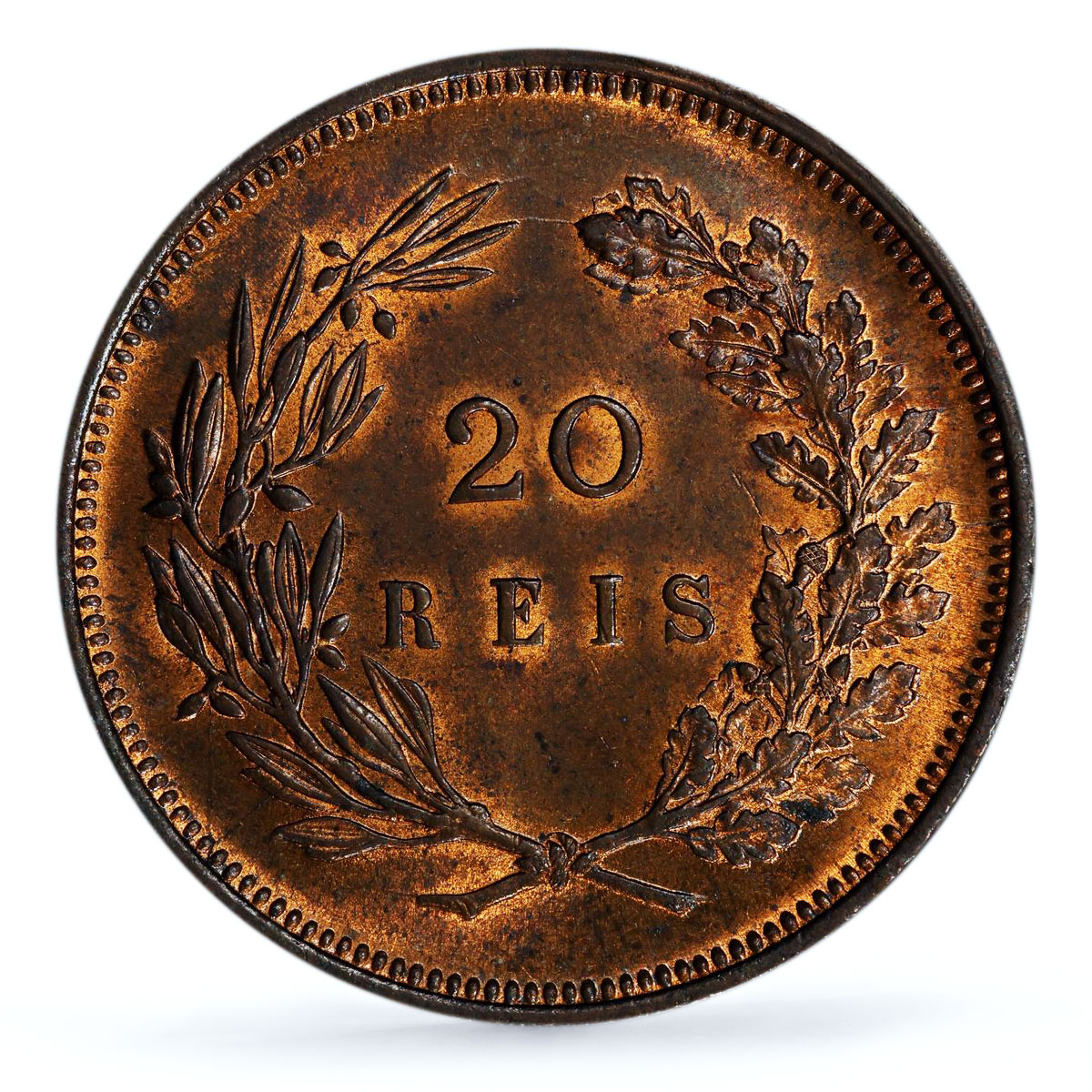Portugal 20 reis King Charles Carlos I Coinage KM-533 MS63 PCGS bronze coin 1892