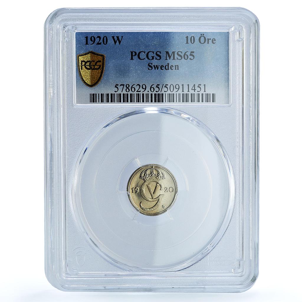 Sweden 10 ore King Gustaf V Coinage KM-795 MS65 PCGS NiBrass coin 1920 Sweden 10 ore King Gustaf V Coinage KM-795 MS65 PCGS NiBrass coin 1920