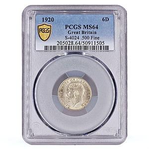 Great Britain 6 pence King George V Coinage KM-815a MS64 PCGS silver coin 1920