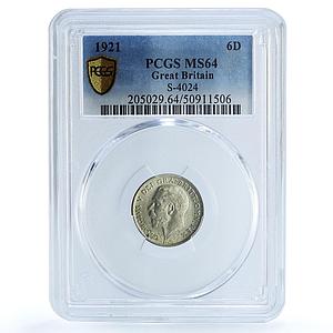 Great Britain 6 pence King George V Coinage KM-815a MS64 PCGS silver coin 1921