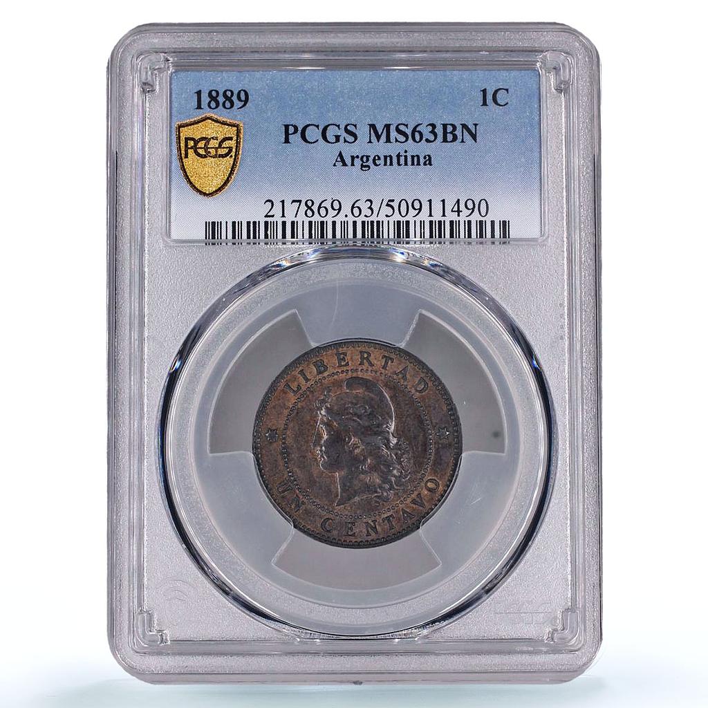 Argentina 1 centavo Republic Coinage Libertad KM-32 MS63 PCGS bronze coin 1889