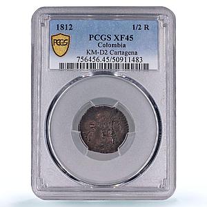 Colombia 1/2 real Cartagena State Coinage KM-D2 XF45 PCGS copper coin 1812