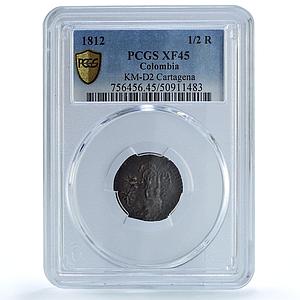 Colombia 1/2 real Cartagena State Coinage KM-D2 XF45 PCGS copper coin 1812