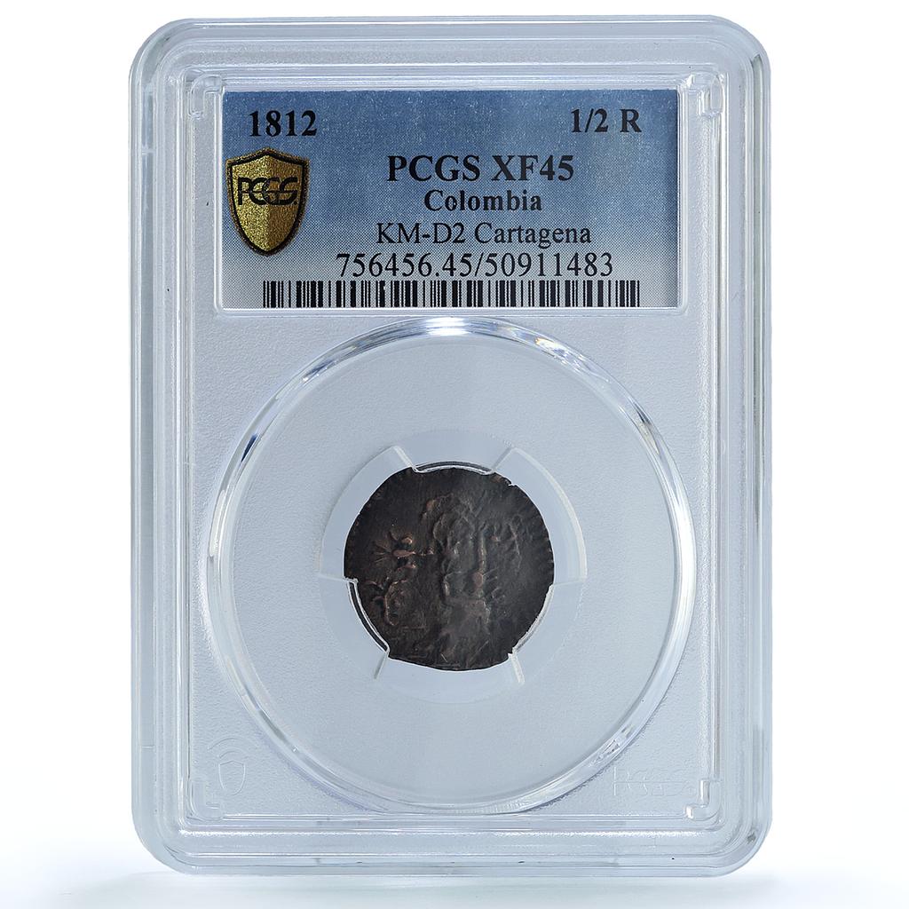 Colombia 1/2 real Cartagena State Coinage KM-D2 XF45 PCGS copper coin 1812 Colombia 1/2 real Cartagena State Coinage KM-D2 XF45 PCGS copper coin 1812