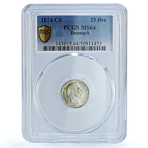 Denmark 25 ore King Christian IX Coinage KM-796 MS64 PCGS silver coin 1874
