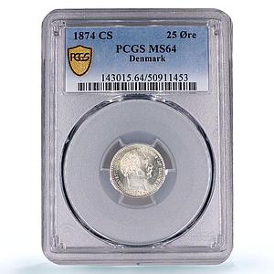 Denmark 25 ore King Christian IX Coinage KM-796 MS64 PCGS silver coin 1874