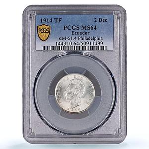 Ecuador 2 decimos Republic Coinage Sucre Philadelphia MS64 PCGS silver coin 1914