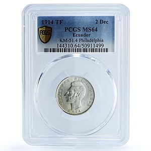 Ecuador 2 decimos Republic Coinage Sucre Philadelphia MS64 PCGS silver coin 1914