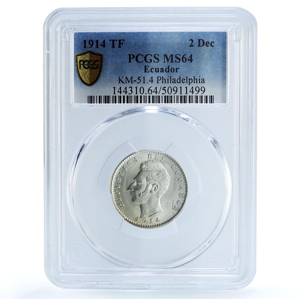 Ecuador 2 decimos Republic Coinage Sucre Philadelphia MS64 PCGS silver coin 1914 Ecuador 2 decimos Republic Coinage Sucre Philadelphia MS64 PCGS silver coin 1914