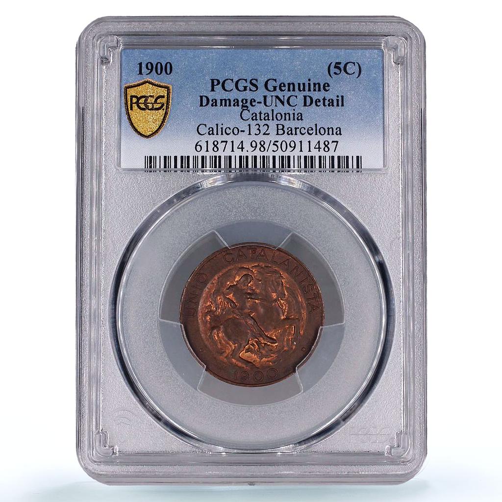 Spain Catalonia 5 centimos Catalanist Union St George UNC PCGS copper coin 1900
