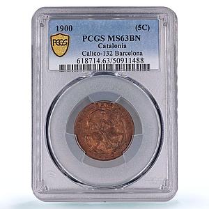 Spain Catalonia 5 centimos Catalanist Union St George MS63 PCGS copper coin 1900