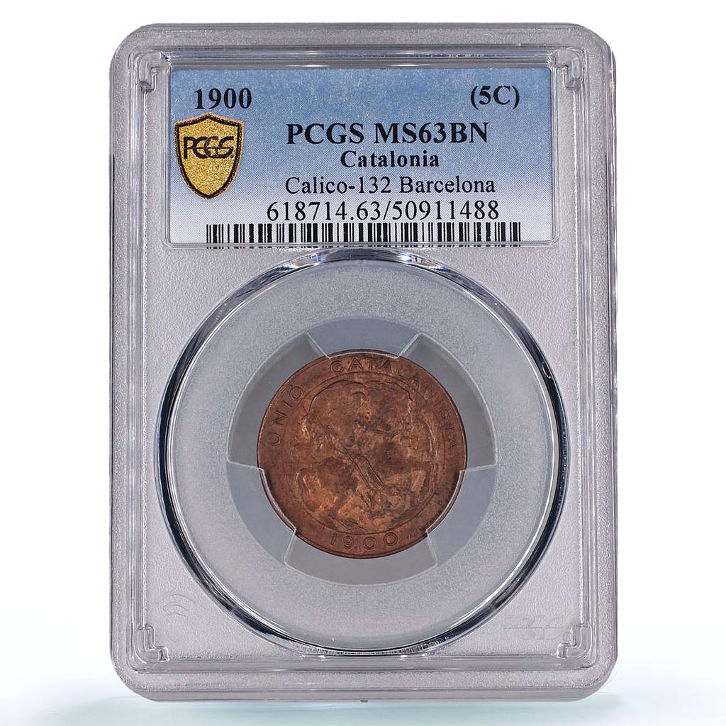 Spain Catalonia 5 centimos Catalanist Union St George MS63 PCGS copper coin 1900