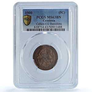 Spain Catalonia 5 centimos Catalanist Union St George MS63 PCGS copper coin 1900