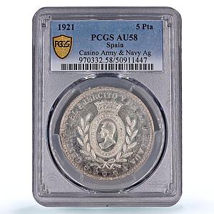 Spain 5 pesetas Casino Army Navy AU58 PCGS silver coin 1921