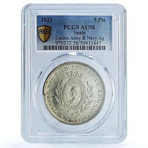 Spain 5 pesetas Casino Army Navy AU58 PCGS silver coin 1921