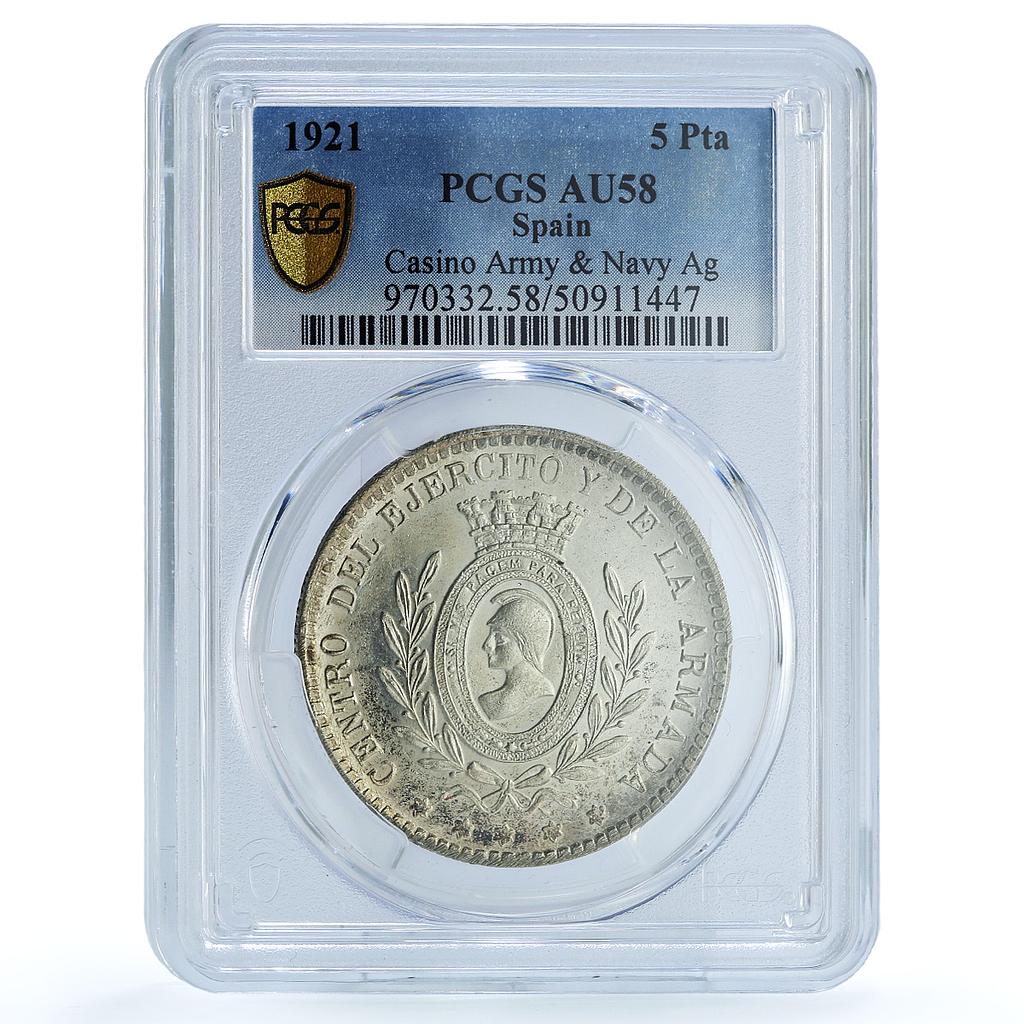 Spain 5 pesetas Casino Army Navy AU58 PCGS silver coin 1921 Spain 5 pesetas Casino Army Navy AU58 PCGS silver coin 1921