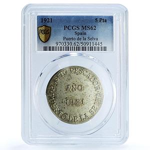 Spain 5 pesetas Puerto de la Selva El Port Selva MS62 PCGS CuNi coin 1921