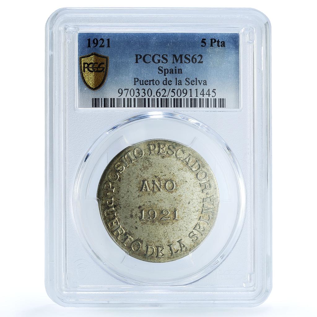 Spain 5 pesetas Puerto de la Selva El Port Selva MS62 PCGS CuNi coin 1921 Spain 5 pesetas Puerto de la Selva El Port Selva MS62 PCGS CuNi coin 1921