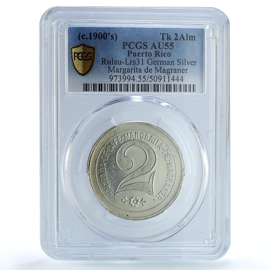 Puerto Rico Lares Rio 2 tk Margarita Magraner Rulau AU55 PCGS token coin 1900 Puerto Rico Lares Rio 2 tk Margarita Magraner Rulau AU55 PCGS token coin 1900