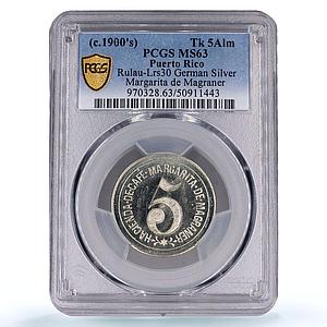 Puerto Rico Lares Rio 5 tk Margarita Magraner Rulau MS63 PCGS token coin 1900