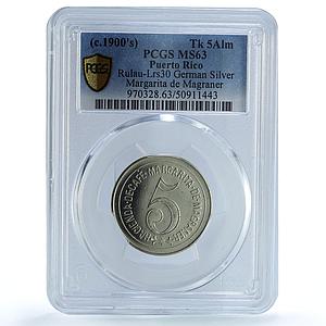 Puerto Rico Lares Rio 5 tk Margarita Magraner Rulau MS63 PCGS token coin 1900
