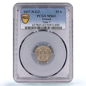Iceland 25 aurar King Christian X Coinage Near 7 KM-2.1 MS63 PCGS CuNi coin 1937