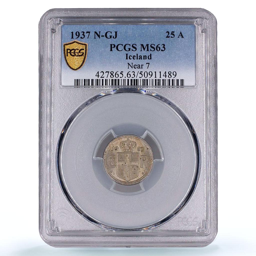 Iceland 25 aurar King Christian X Coinage Near 7 KM-2.1 MS63 PCGS CuNi coin 1937