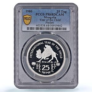 Mongolia 25 togrog UNICEF Child Year Camel Piefort PR68 PCGS silver coin 1980