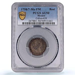 Mexico 1 real King Charles Carlos IV Coinage KM-81 AU50 PCGS silver coin 1798