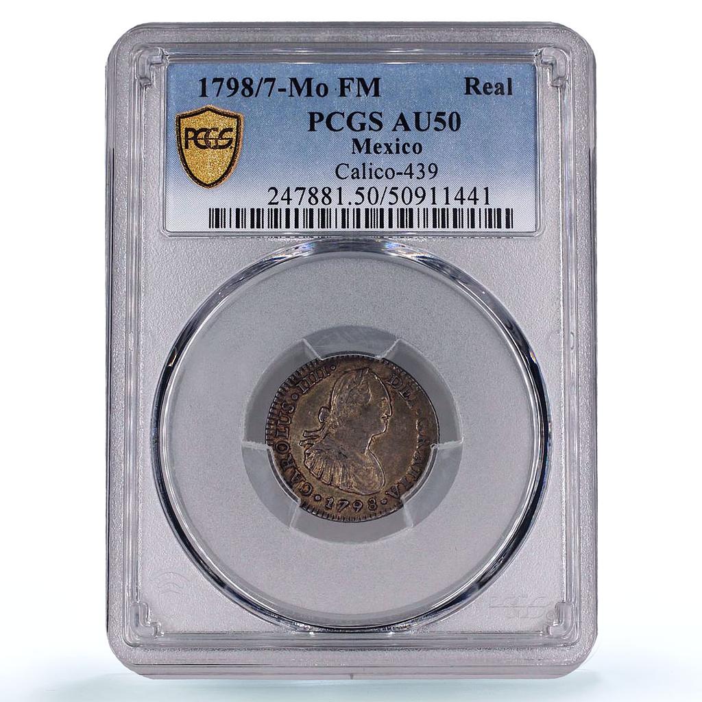 Mexico 1 real King Charles Carlos IV Coinage KM-81 AU50 PCGS silver coin 1798