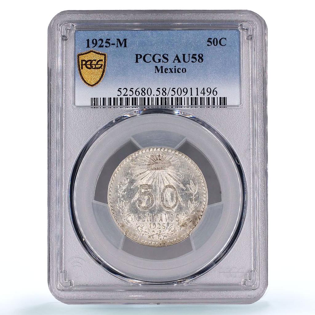 Mexico 50 centavos Republic Coinage Liberty Cap AU58 PCGS silver coin 1925
