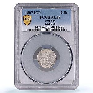 Norway 2 skilling King Christian VII Coinage KM-270 AU58 PCGS billon coin 1807