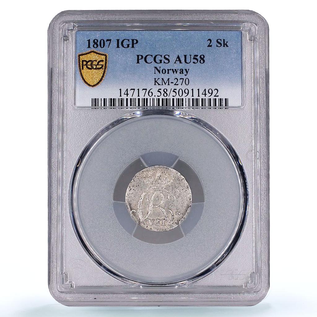 Norway 2 skilling King Christian VII Coinage KM-270 AU58 PCGS billon coin 1807