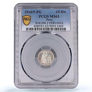 Peru 1/2 dinero Republic Coinage Liberty Seated MS63 PCGS silver coin 1916